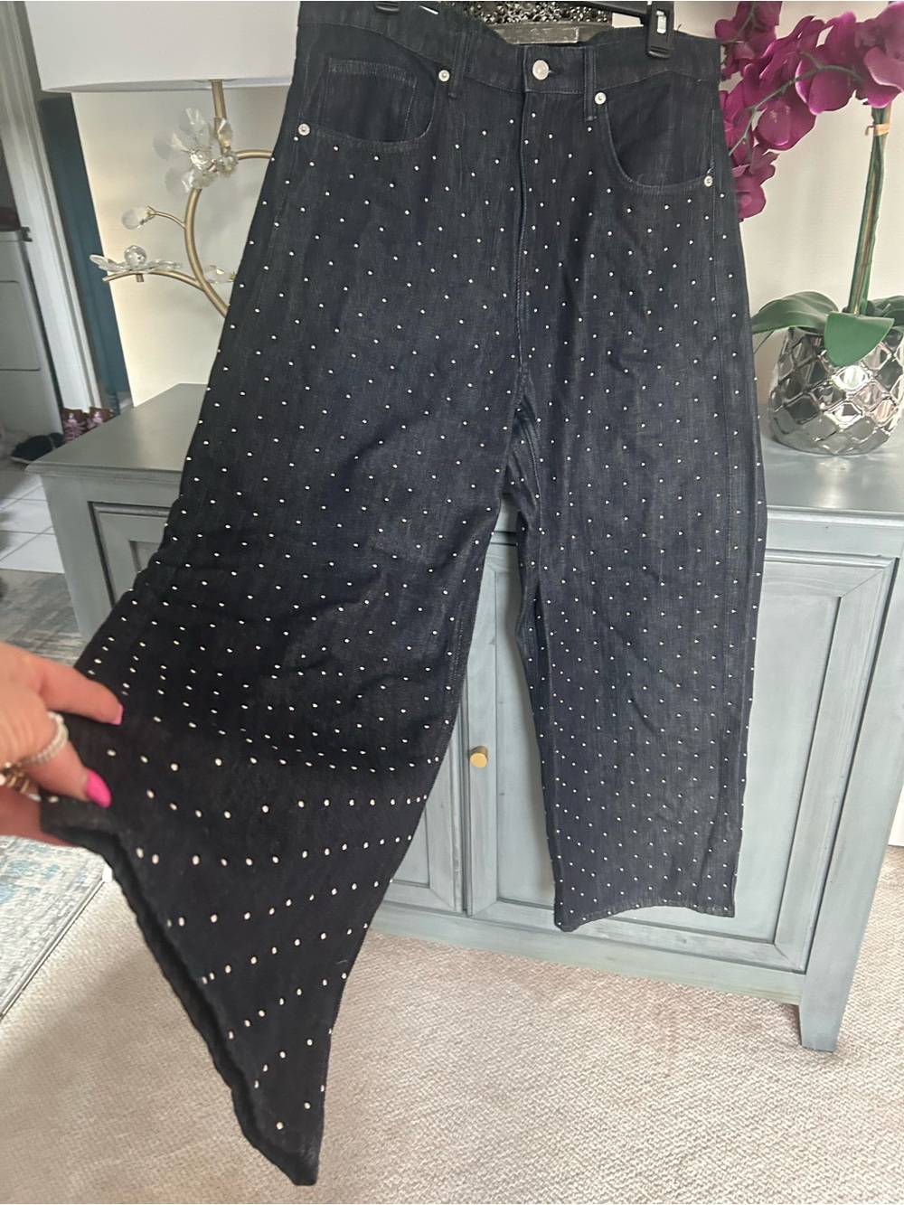 ZARA Sz 10 Waist 33” Silver Studded Charcoal Wash Wide Leg Jeans EUC